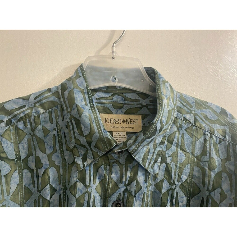Johari West Shirt Mens XL Green Geo Retro Beach Print Button Up Short Sleeves